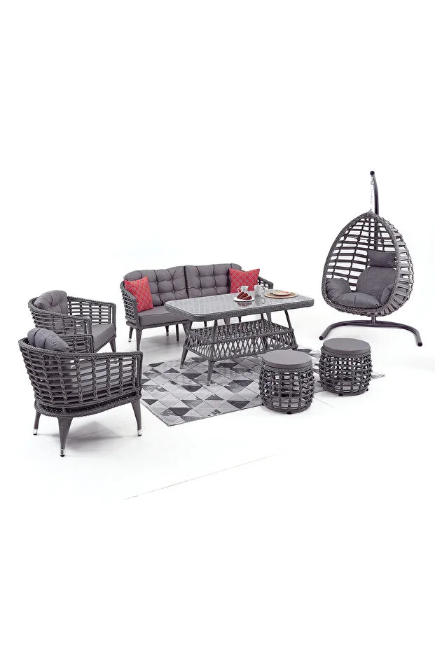 Linda Rattan Bahçe Balkon Oturma Grubu (3 1 1 MASA 2 PUF) Salıncak